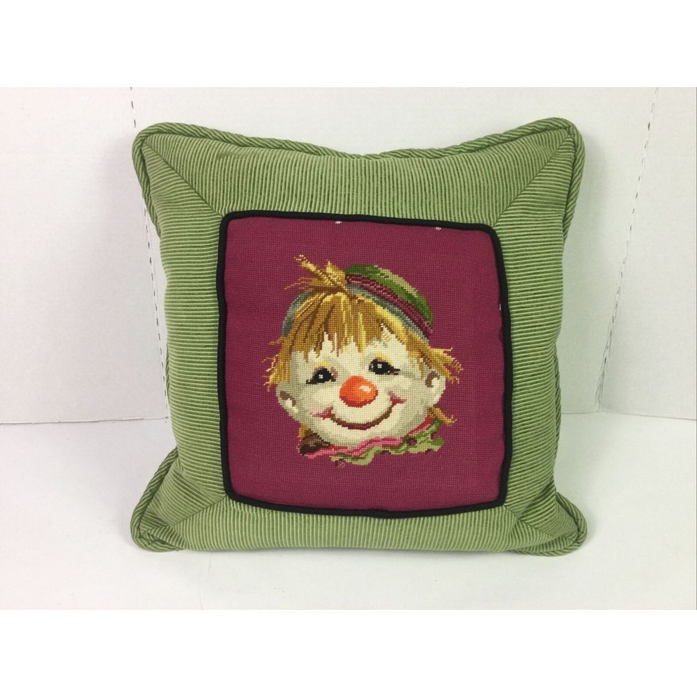 Needlepoint Circus Clown Pillow Case Only Folk Art Handmade ZipUp 18x18